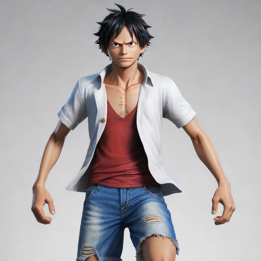 A realistic illustration of Luffy from One Piece in his powerful Gear 5 transformation, clothed in a crisp, white outfit.