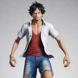 A realistic illustration of Luffy from One Piece in his powerful Gear 5 transformation, clothed in a crisp, white outfit.