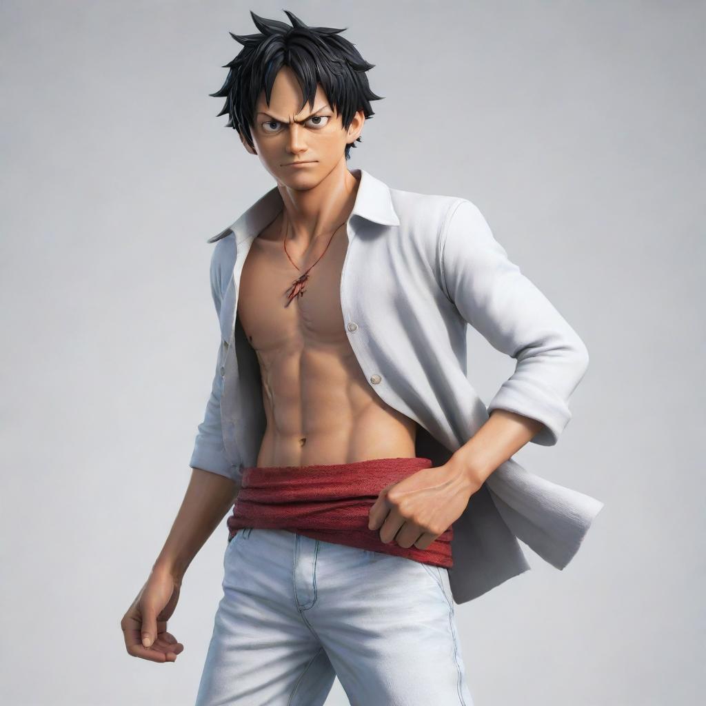 A realistic illustration of Luffy from One Piece in his powerful Gear 5 transformation, clothed in a crisp, white outfit.