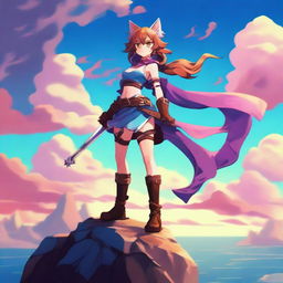 Generate an image of a catgirl warrior standing atop a cliff