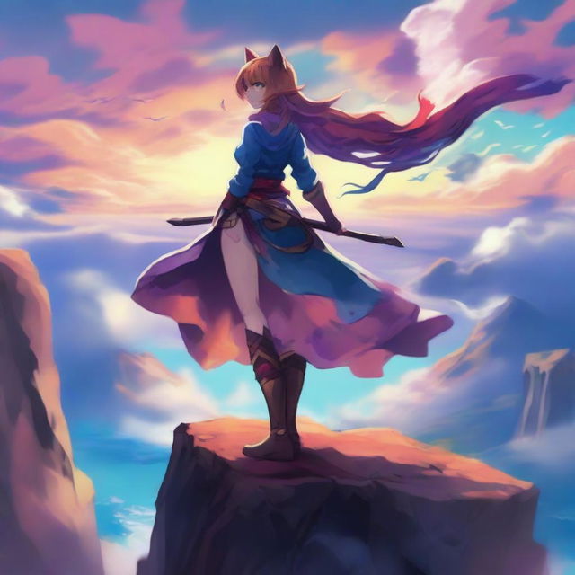 Generate an image of a catgirl warrior standing atop a cliff