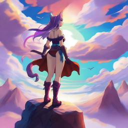 Generate an image of a catgirl warrior standing atop a cliff