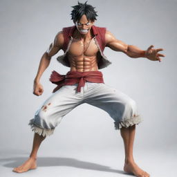 A realistic illustration of Luffy from One Piece in his powerful Gear 5 transformation, clothed in a crisp, white outfit.