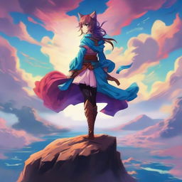 Generate an image of a catgirl warrior standing atop a cliff