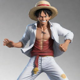 A realistic illustration of Luffy from One Piece in his powerful Gear 5 transformation, clothed in a crisp, white outfit.