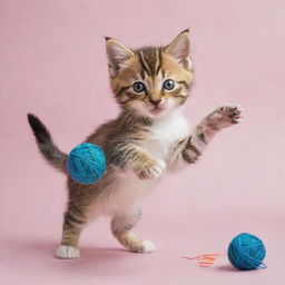 A playful kitten frolicking with a colorful ball of yarn