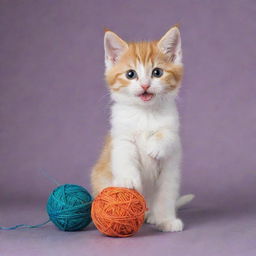 A playful kitten frolicking with a colorful ball of yarn