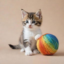 A playful kitten frolicking with a colorful ball of yarn