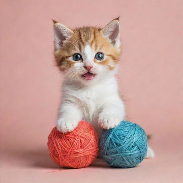 A playful kitten frolicking with a colorful ball of yarn