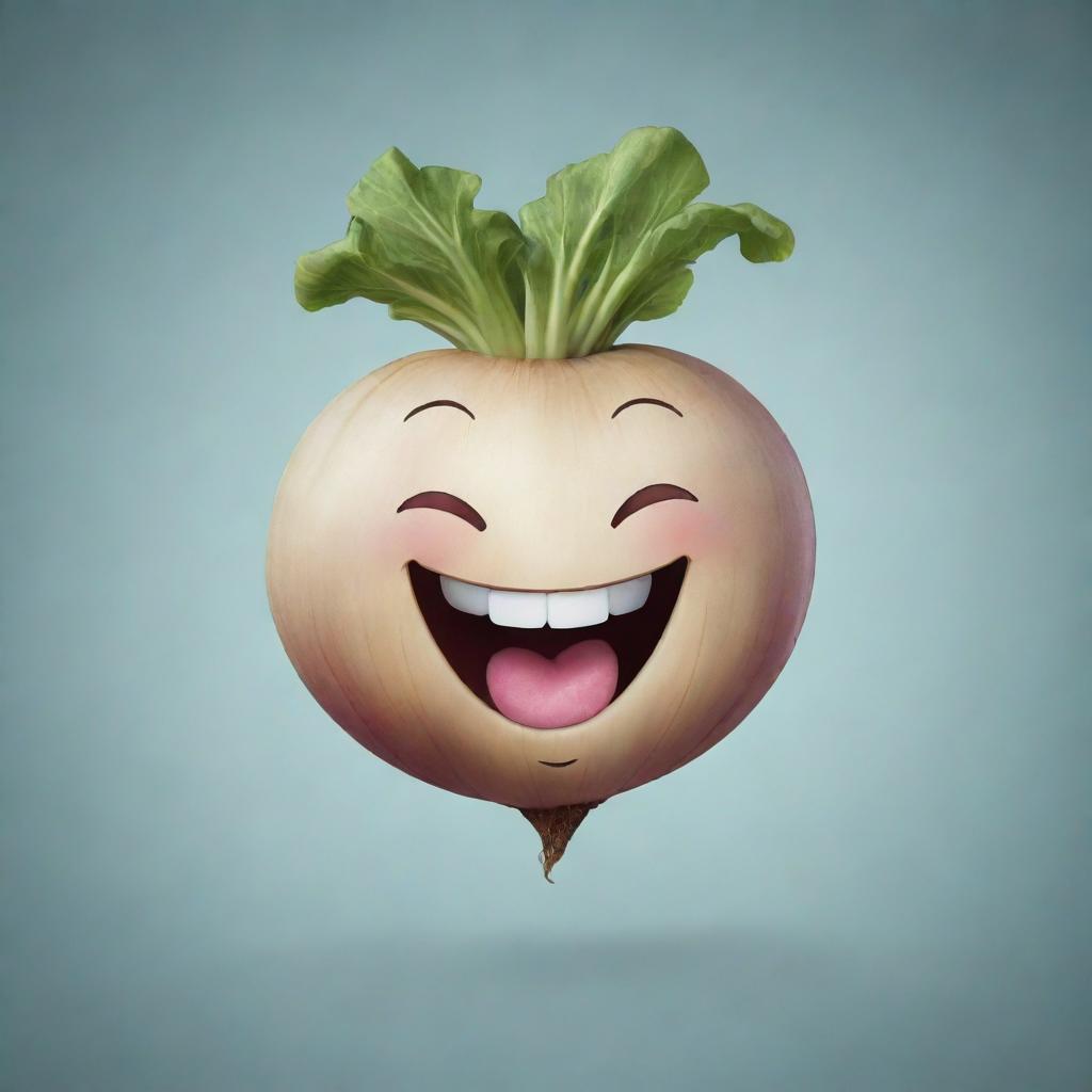 An anthropomorphized turnip laughing heartily with a clear background, suitable for a telegram channel logo.