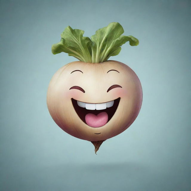 An anthropomorphized turnip laughing heartily with a clear background, suitable for a telegram channel logo.