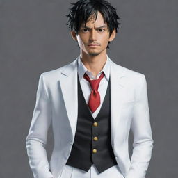 A realistic, detailed portrayal of Luffy from One Piece in his Gear 5 transformation, wearing a classy, formal white suit.