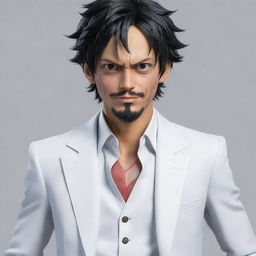 A realistic, detailed portrayal of Luffy from One Piece in his Gear 5 transformation, wearing a classy, formal white suit.