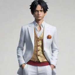 A realistic, detailed portrayal of Luffy from One Piece in his Gear 5 transformation, wearing a classy, formal white suit.