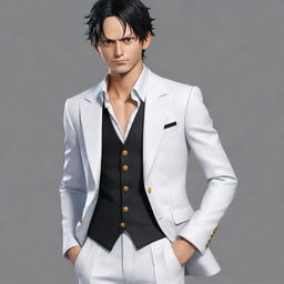 A realistic, detailed portrayal of Luffy from One Piece in his Gear 5 transformation, wearing a classy, formal white suit.