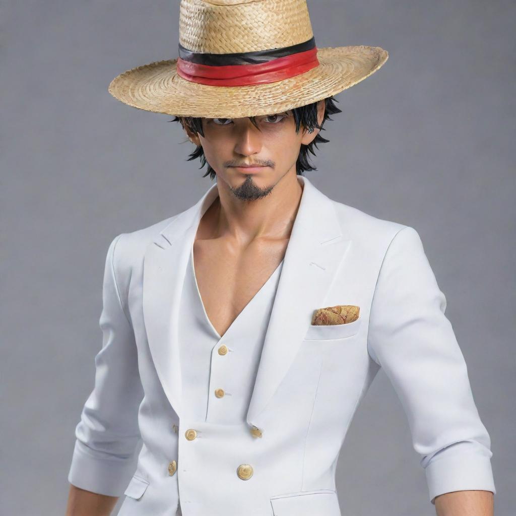 Detailed, realistic image of Luffy from One Piece in his Gear 5 transformation, dressed in a formal white suit, sporting his unmistakable straw hat.