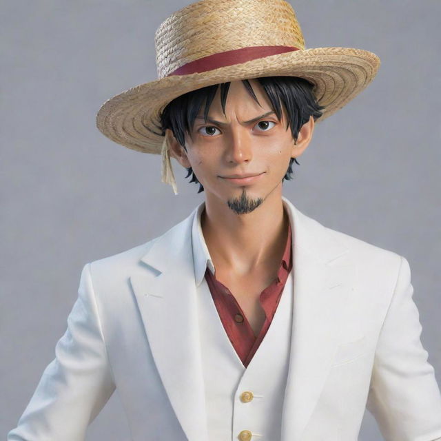 Detailed, realistic image of Luffy from One Piece in his Gear 5 transformation, dressed in a formal white suit, sporting his unmistakable straw hat.