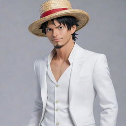 Detailed, realistic image of Luffy from One Piece in his Gear 5 transformation, dressed in a formal white suit, sporting his unmistakable straw hat.