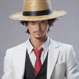 Detailed, realistic image of Luffy from One Piece in his Gear 5 transformation, dressed in a formal white suit, sporting his unmistakable straw hat.