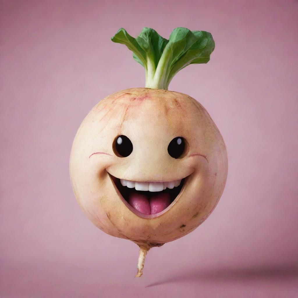 A vivid image of a turnip with a laughing face optimized for use as a quirky and unique telegram channel logo