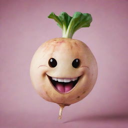 A vivid image of a turnip with a laughing face optimized for use as a quirky and unique telegram channel logo