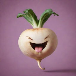 A vivid image of a turnip with a laughing face optimized for use as a quirky and unique telegram channel logo