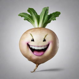 A vivid image of a turnip with a laughing face optimized for use as a quirky and unique telegram channel logo