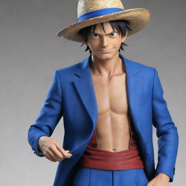 Luffy from One Piece in his Gear 5 transformation, realistically rendered, dressed in a formal blue suit while wearing his iconic straw hat.