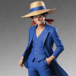 Luffy from One Piece in his Gear 5 transformation, realistically rendered, dressed in a formal blue suit while wearing his iconic straw hat.