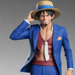 Luffy from One Piece in his Gear 5 transformation, realistically rendered, dressed in a formal blue suit while wearing his iconic straw hat.