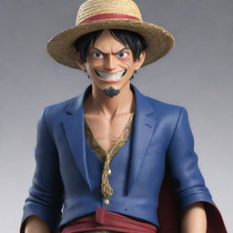 Luffy from One Piece in his Gear 5 transformation, realistically rendered, dressed in a formal blue suit while wearing his iconic straw hat.