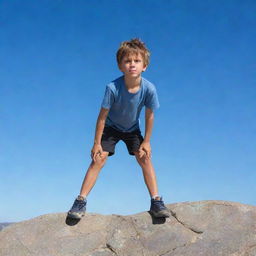 A brave young boy balanced on a jagged rock, eyes on the horizon, with a clear blue sky as backdrop