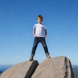 A brave young boy balanced on a jagged rock, eyes on the horizon, with a clear blue sky as backdrop