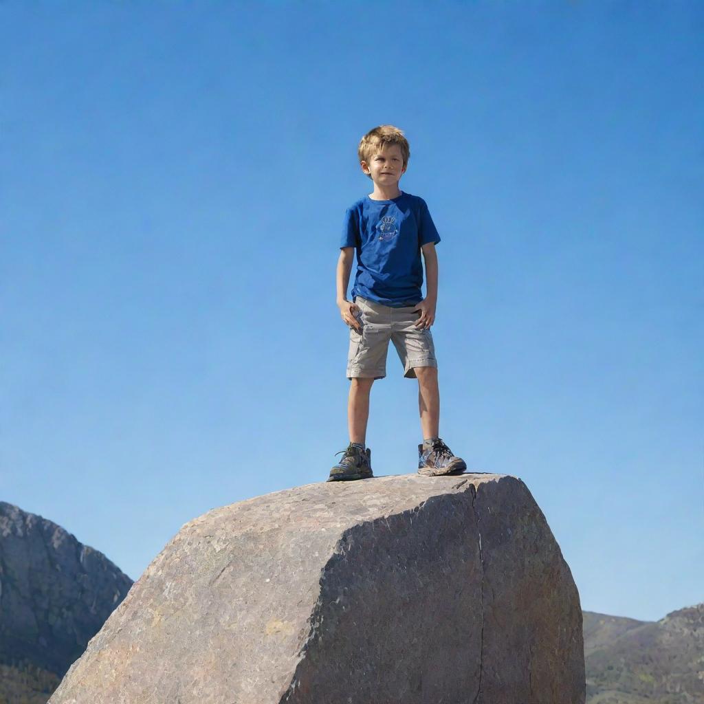 A brave young boy balanced on a jagged rock, eyes on the horizon, with a clear blue sky as backdrop