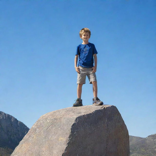 A brave young boy balanced on a jagged rock, eyes on the horizon, with a clear blue sky as backdrop