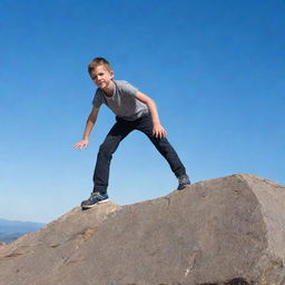 A brave young boy balanced on a jagged rock, eyes on the horizon, with a clear blue sky as backdrop