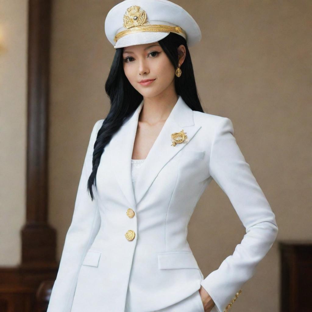 Boa Hancock from One Piece captured as a life-like image, dressed elegantly in a formal, white outfit.