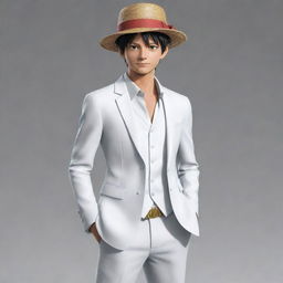 Realistic rendering of Luffy from One Piece dressed in a crisp, formal white outfit.