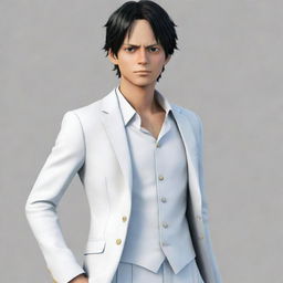 Realistic rendering of Luffy from One Piece dressed in a crisp, formal white outfit.