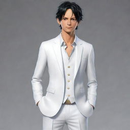 Realistic rendering of Luffy from One Piece dressed in a crisp, formal white outfit.