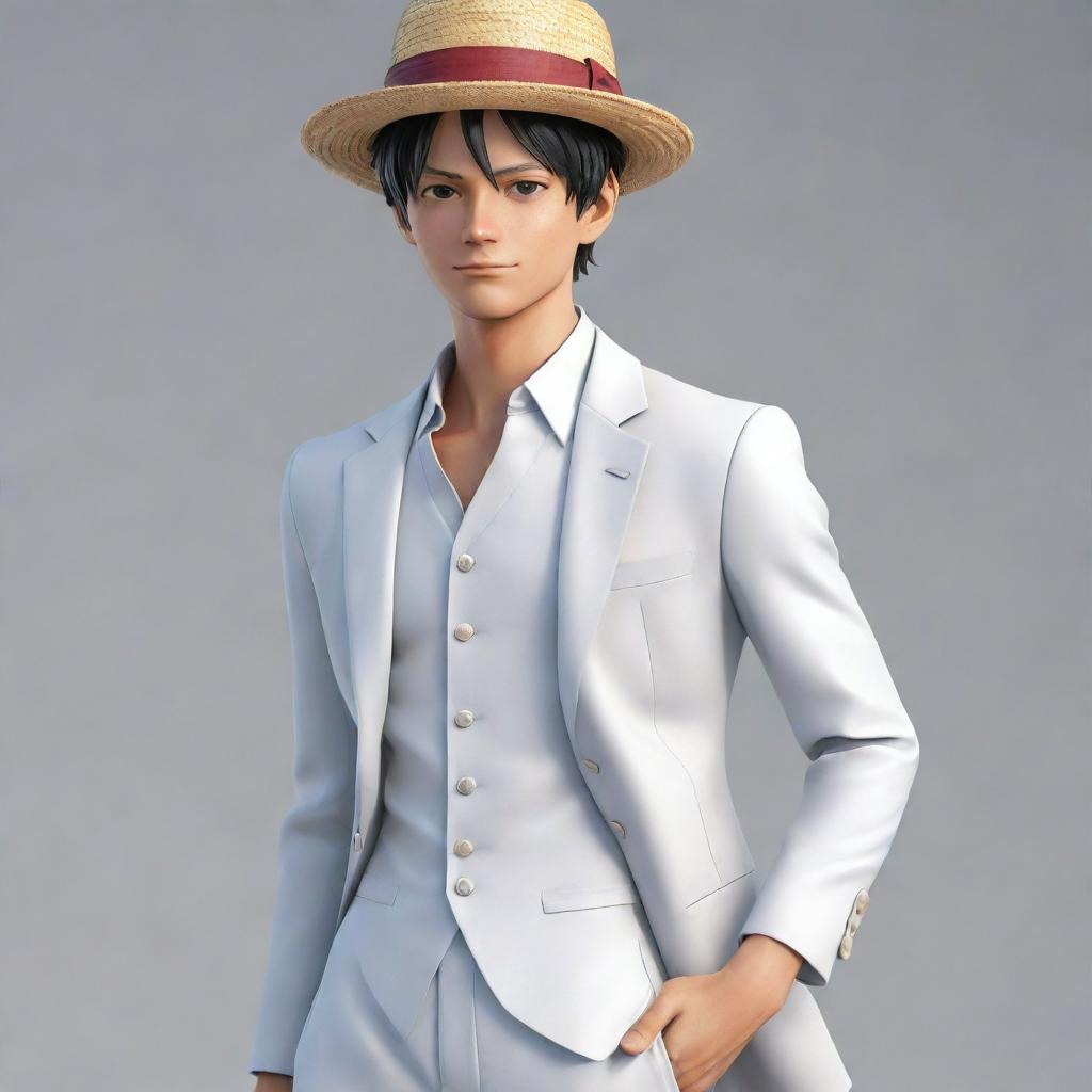 Realistic rendering of Luffy from One Piece dressed in a crisp, formal white outfit.