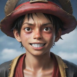 A detailed, realistic image of a younger version of Luffy from One Piece dressed as the Pirate King.