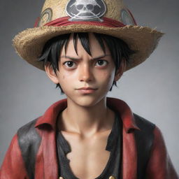 A detailed, realistic image of a younger version of Luffy from One Piece dressed as the Pirate King.