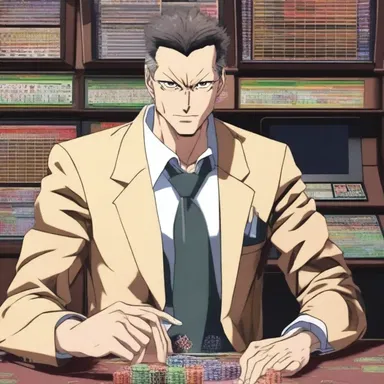 In the anime, the main character is a wheeler dealer who uses cunning tactics to outsmart his opponents in high-stakes gambling games.