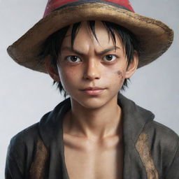 A detailed, realistic image of a younger version of Luffy from One Piece dressed as the Pirate King.