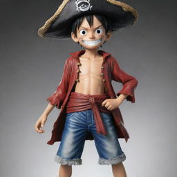 A detailed, realistic image of a younger version of Luffy from One Piece dressed as the Pirate King.