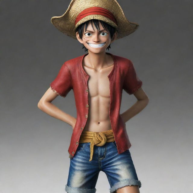 A realistically rendered image of the teenage Luffy from One Piece, envisaged as the Pirate King.