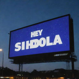 A large urban billboard with the bold text 'Hey Shola' on it, illuminated against the night sky.