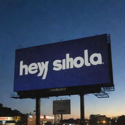 A large urban billboard with the bold text 'Hey Shola' on it, illuminated against the night sky.