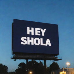 A large urban billboard with the bold text 'Hey Shola' on it, illuminated against the night sky.